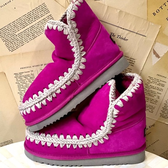 Free People MOU Glacier Shearling Ankle Boots Pink Tan Stitched Fur Lined - Picture 2 of 9